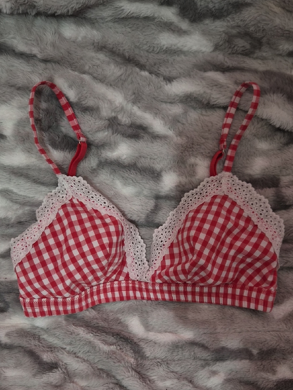 Colsie Red and White Gingham Lace Trim Bralette
